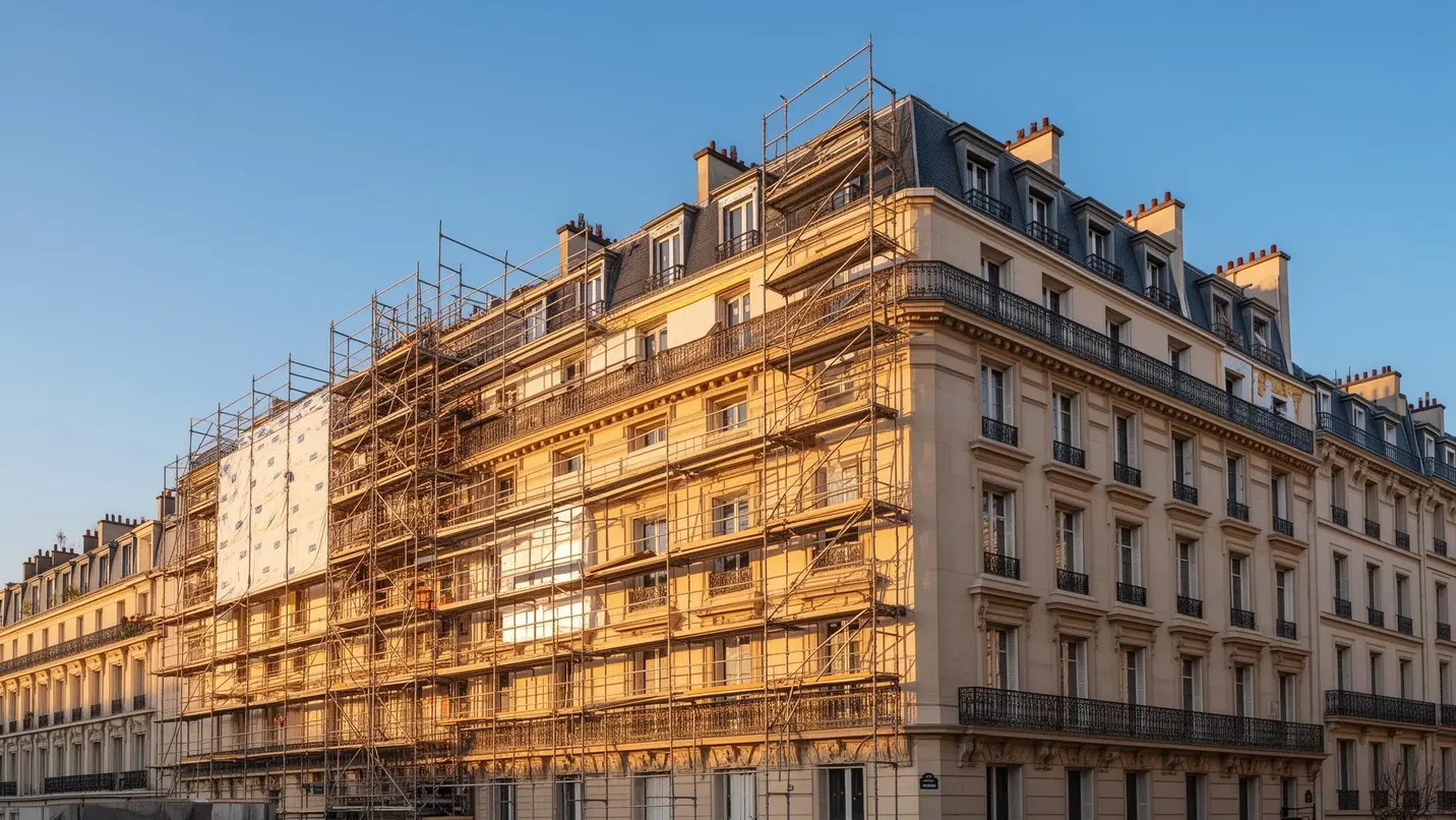 Façade d'un immeuble en copropriété rénové avec isolation thermique par l'extérieur (ITE), double vitrage et toiture isolée — chantier Renocopro